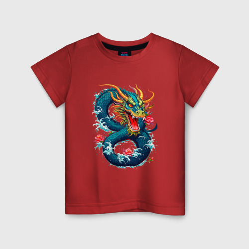Детская футболка хлопок с принтом Китайский водяной дракон, вид спереди #2