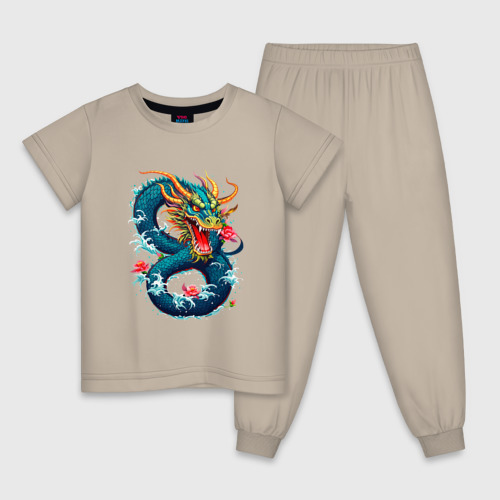 Детская пижама хлопок с принтом Китайский водяной дракон, вид спереди #2