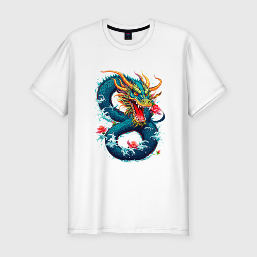 Мужская футболка хлопок Slim с принтом Китайский водяной дракон, вид спереди #2