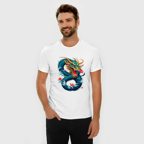 Мужская футболка хлопок Slim с принтом Китайский водяной дракон, фото на моделе #1