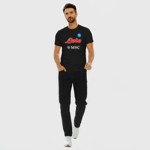 Мужская футболка хлопок Slim с принтом Хвича Кварацхелия ФК Наполи форма домашняя, вид сбоку #3