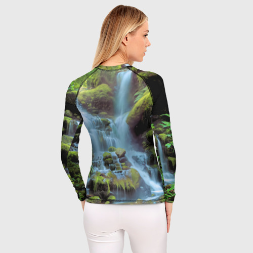 Женский рашгард 3D с принтом Девушка у водопада в тропиках, вид сзади #2