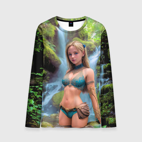 Мужской лонгслив 3D с принтом Девушка у водопада в тропиках, вид спереди #2