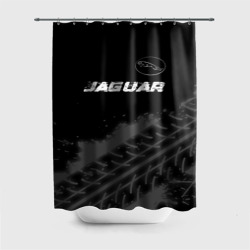 Штора 3D для ванной Jaguar Speed на темном фоне со следами шин: символ сверху