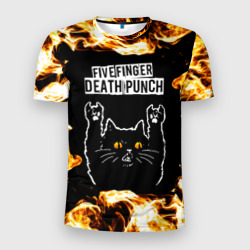 Мужская футболка 3D Slim Five Finger Death Punch рок кот и огонь