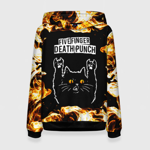 Женская толстовка 3D Five Finger Death Punch рок кот и огонь, цвет 3D печать