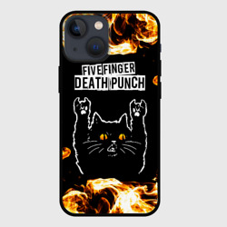 Чехол для iPhone 13 mini Five Finger Death Punch рок кот и огонь