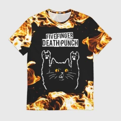 Мужская футболка 3D Five Finger Death Punch рок кот и огонь