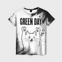 Женская футболка 3D Green Day рок кот на светлом фоне