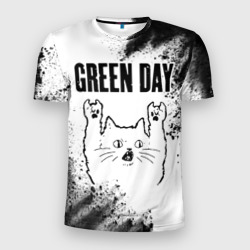 Мужская футболка 3D Slim Green Day рок кот на светлом фоне