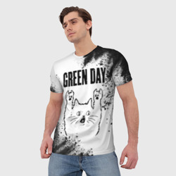 Мужская футболка 3D Green Day рок кот на светлом фоне - фото 2