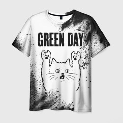 Мужская футболка 3D Green Day рок кот на светлом фоне