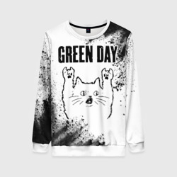 Женский свитшот 3D Green Day рок кот на светлом фоне