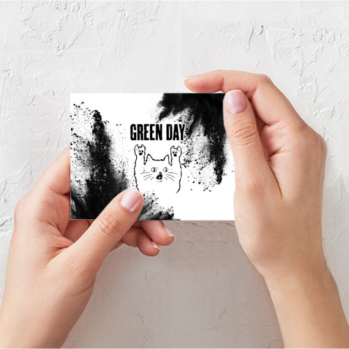Поздравительная открытка Green Day рок кот на светлом фоне, цвет белый - фото 3