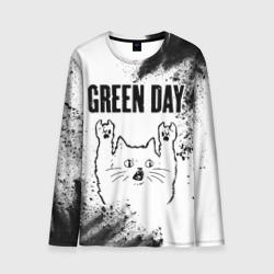 Мужской лонгслив 3D Green Day рок кот на светлом фоне