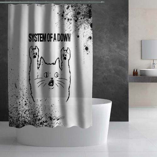 Штора 3D для ванной System of a Down рок кот на светлом фоне - фото 2