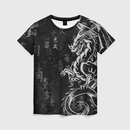 Женская футболка 3D с принтом White dragon - grunge, вид спереди #2