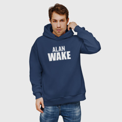 Худи с принтом Alan Wake logo для мужчины, вид на модели спереди №2. Цвет основы: темно-синий