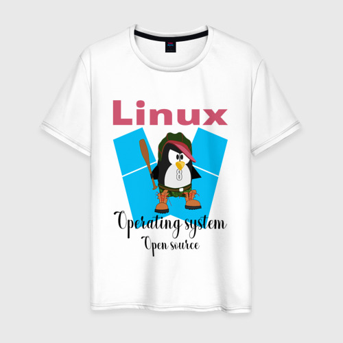 Мужская футболка из хлопка с принтом Пингвин линукс в шляпе, вид спереди №1