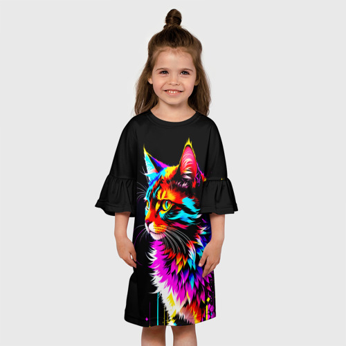 Детское платье 3D с принтом Неоновый пушистик - кот, вид сбоку #3