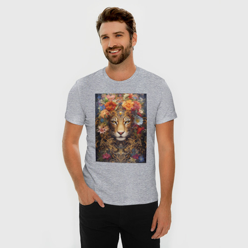 Мужская футболка хлопок Slim с принтом Леопард в тропических цветах, фото на моделе #1