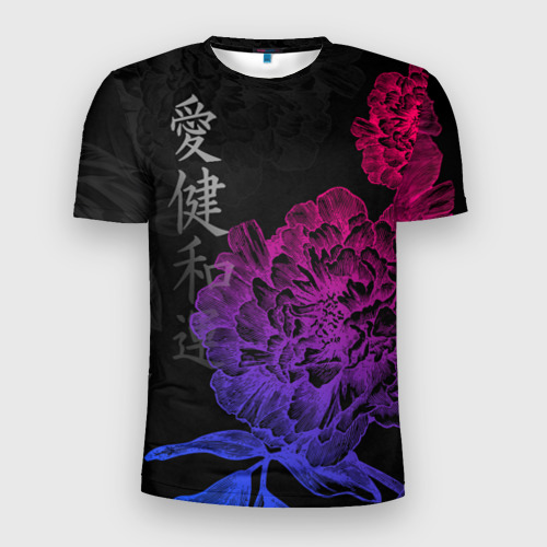 Мужская футболка 3D Slim с принтом Neon flowers - japanese art, вид спереди #2