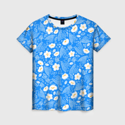 Женская футболка 3D Белые птицы голуби и цветы яблони на синем фоне неба
