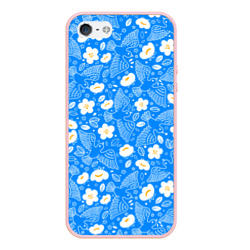 Чехол для iPhone 5/5S матовый Белые птицы голуби и цветы яблони на синем фоне неба