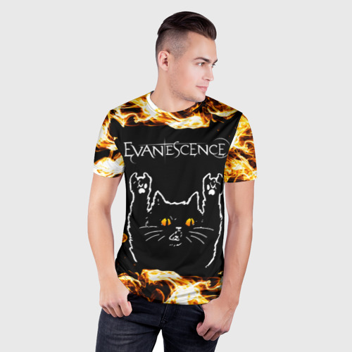 Мужская футболка 3D Slim Evanescence рок кот и огонь, цвет 3D печать - фото 3