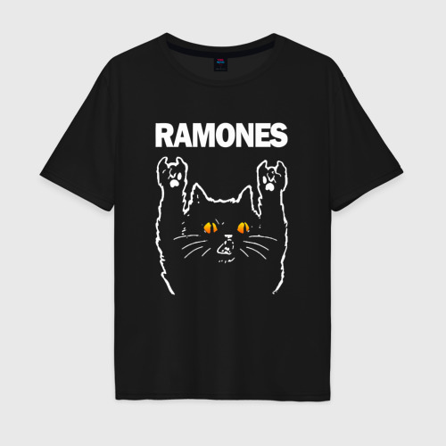 Мужская футболка хлопок Oversize Ramones rock cat, цвет черный