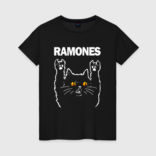 Женская футболка хлопок с принтом Ramones rock cat, вид спереди #2
