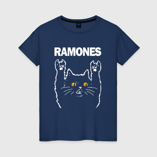 Женская футболка из хлопка с принтом Ramones rock cat, вид спереди №1