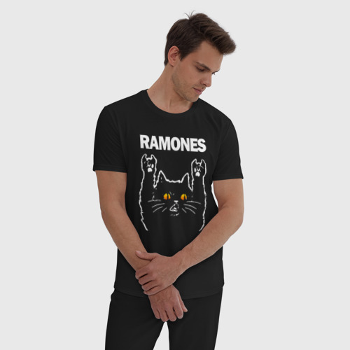 Мужская пижама хлопок Ramones rock cat, цвет черный - фото 3