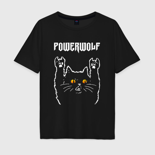 Мужская футболка хлопок Oversize Powerwolf rock cat, цвет черный