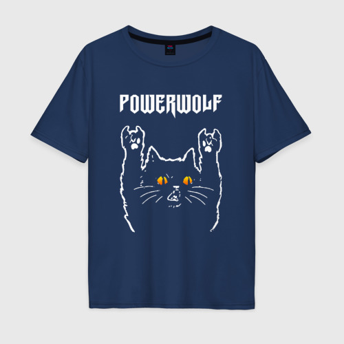 Мужская футболка оверсайз из хлопка с принтом Powerwolf rock cat, вид спереди №1