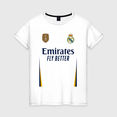 Женская футболка хлопок с принтом Винисиус Жуниор ФК Реал Мадрид форма 23/24 домашняя, вид спереди #2