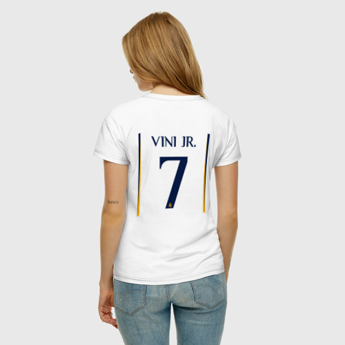 Женская футболка хлопок с принтом Винисиус Жуниор ФК Реал Мадрид форма 23/24 домашняя, вид сзади #2