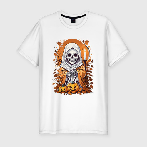 Мужская футболка хлопок Slim с принтом Череп скелет хэллоуин, вид спереди #2