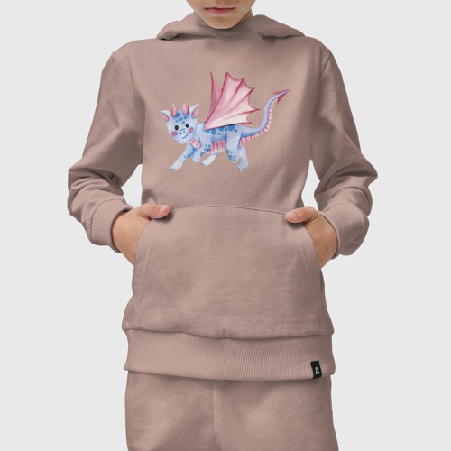 Детский костюм с толстовкой хлопок с принтом Синий дракон с розовыми крыльями, вид сбоку #3