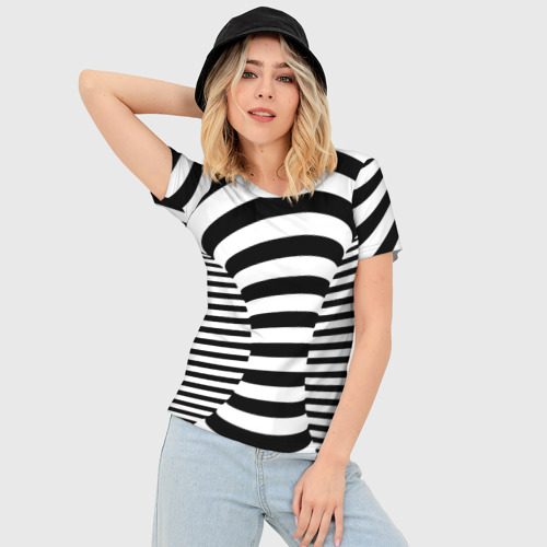 Женская футболка 3D Slim Черно-белая полосатая иллюзия воронка, цвет 3D печать - фото 3