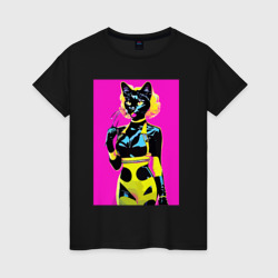 Женская футболка хлопок Black cat - fashionista - pop art - neural network