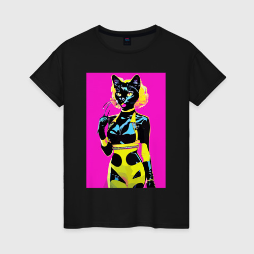 Женская футболка хлопок Black cat - fashionista - pop art - neural network, цвет черный