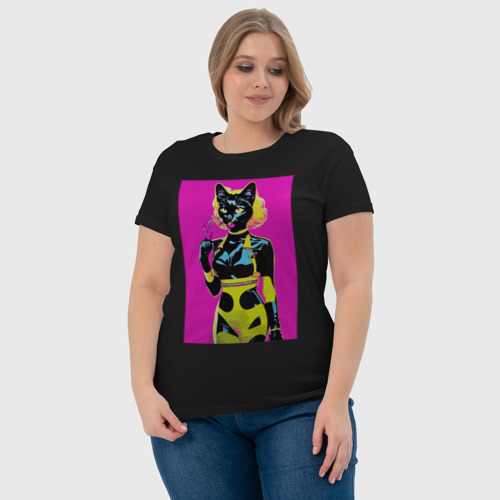 Женская футболка хлопок Black cat - fashionista - pop art - neural network, цвет черный - фото 6