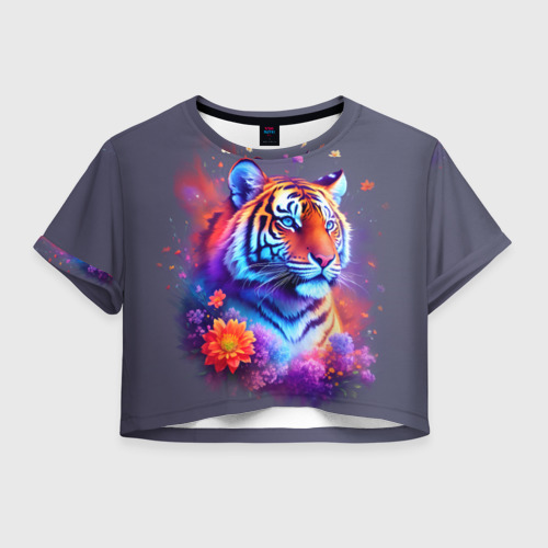Женская футболка Crop-top 3D Тигр и краски - нейросеть, цвет 3D печать