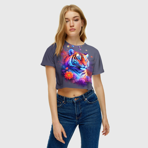 Женская футболка Crop-top 3D Тигр и краски - нейросеть, цвет 3D печать - фото 3