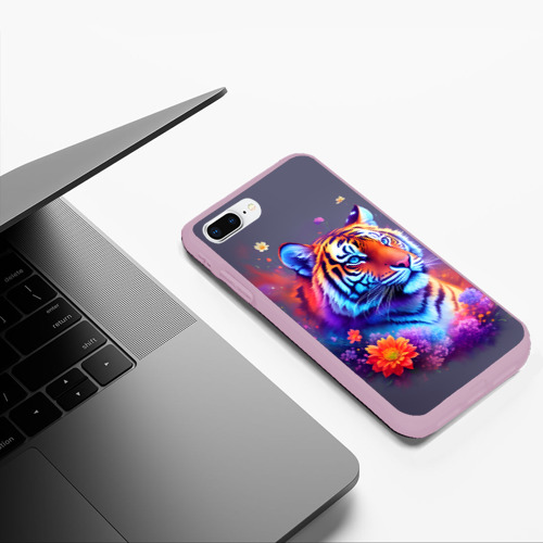 Чехол для iPhone 7Plus/8 Plus матовый Тигр и краски - нейросеть, цвет розовый - фото 5