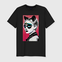 Мужская футболка хлопок Slim Cat girl in a mask - neural network - pop art