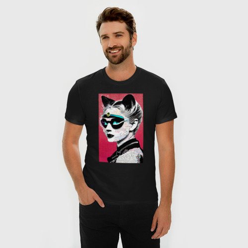 Мужская футболка хлопок Slim Cat girl in a mask - neural network - pop art, цвет черный - фото 3