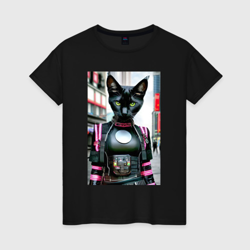 Женская футболка хлопок Крутая чёрная кошечка - нейросеть - Киберпанк, цвет черный
