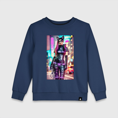 Детский свитшот хлопок с принтом Cyberpunk - cat girl - neural network, вид спереди #2